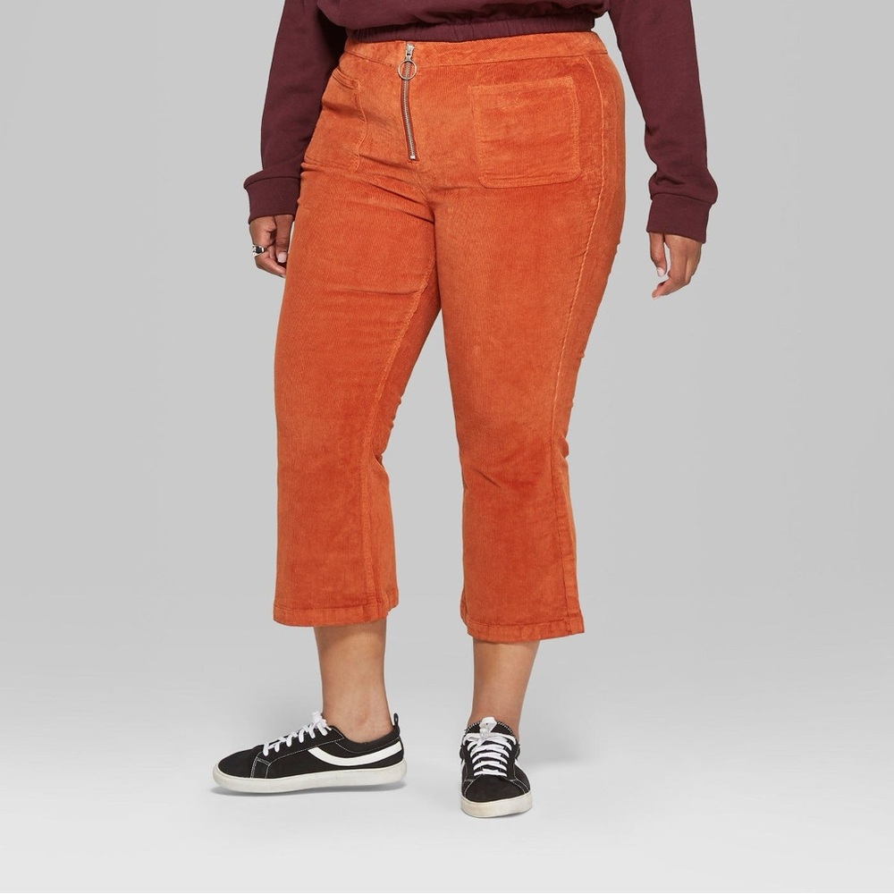 Wild Fable Orange Rust Wide Leg Flare Corduroy Stretch Cropped Cargo Pant Sz 16